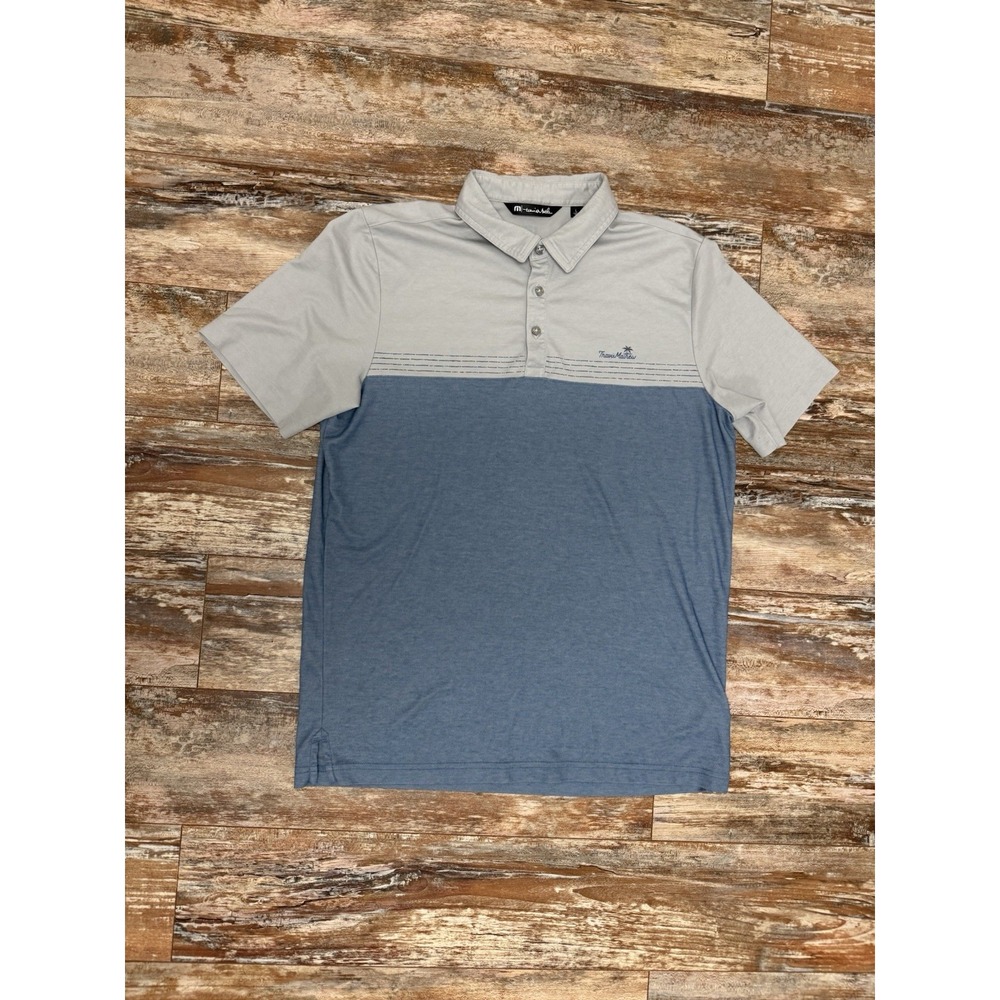 Mens Travis Mathew Blue & Gray Polo Golf Shirt Size Large Palm Tree Pima Cotton